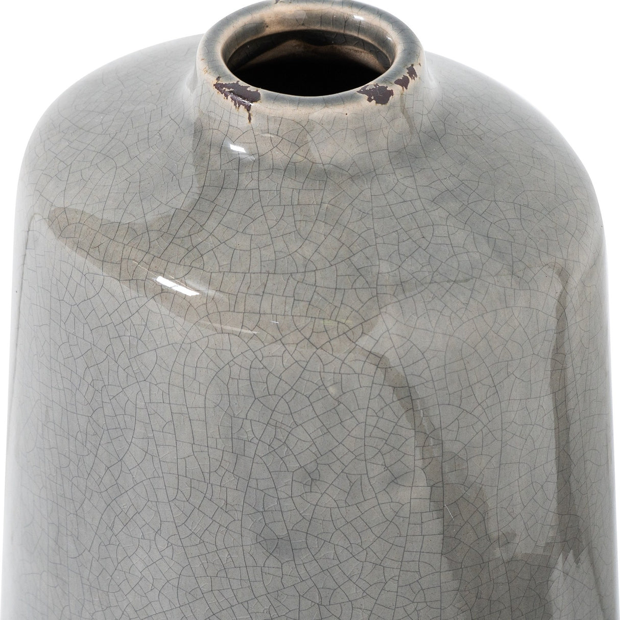 Close-up of Hill Interiors Grey Glazed Ceramic Vase showing the narrow neck, rounded shoulder, crackle-effect glaze and subtle worn detailing around the rim.