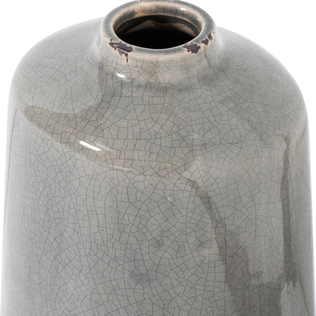 Close-up of Hill Interiors Grey Glazed Ceramic Vase showing the narrow neck, rounded shoulder, crackle-effect glaze and subtle worn detailing around the rim.