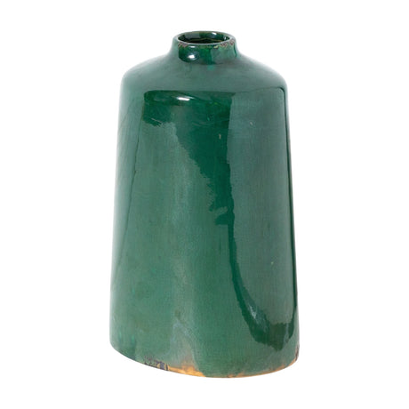 Hill Interiors Emerald Glazed Ceramic Vase in green, with a tapered bellied body, narrow neck and glossy crackled finish, on a plain white background.
