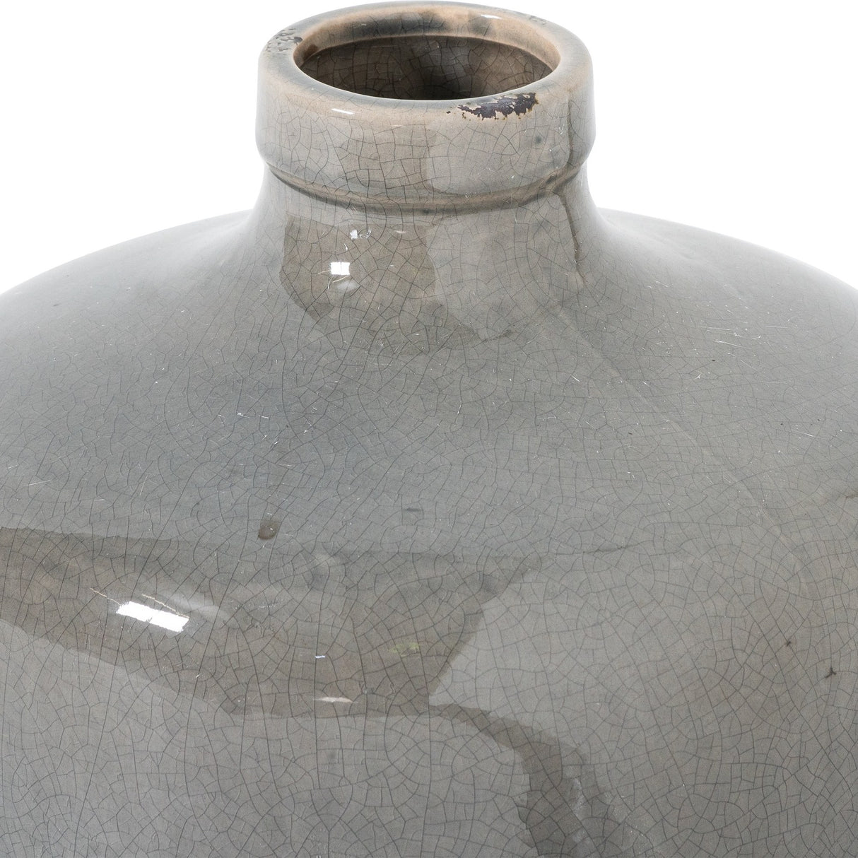 Close-up of the Hill Interiors grey glazed ceramic chive vase showing its rounded body, short narrow neck and softly crackled muted grey finish.