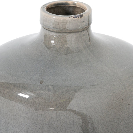 Close-up of the Hill Interiors grey glazed ceramic chive vase showing its rounded body, short narrow neck and softly crackled muted grey finish.