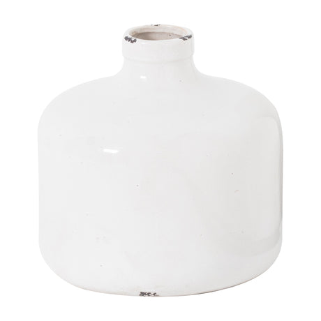 Hill Interiors Glazed Eve ceramic vase in white with a rounded body, short narrow neck and lightly distressed rim, shown on a plain white background.