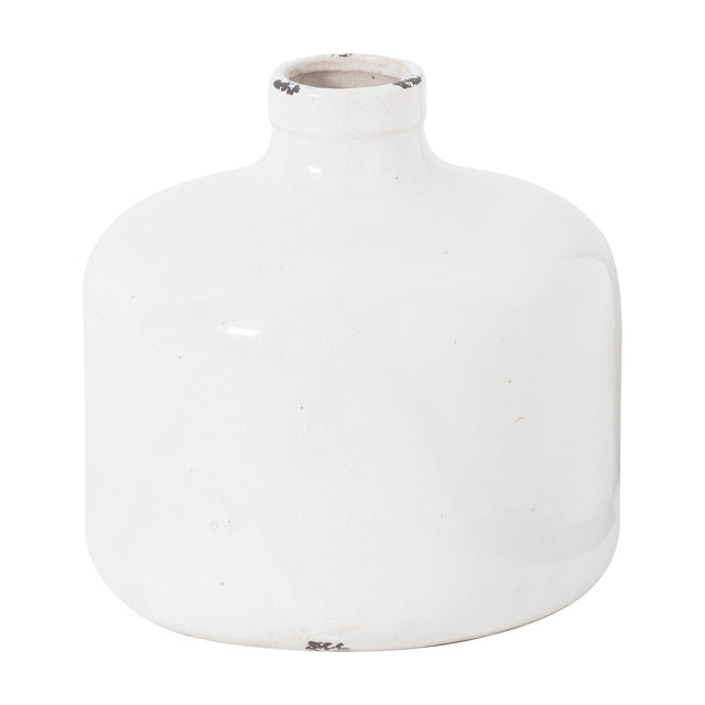 Hill Interiors Glazed Eve ceramic vase in white with a rounded body, short narrow neck and lightly distressed rim, shown on a plain white background.
