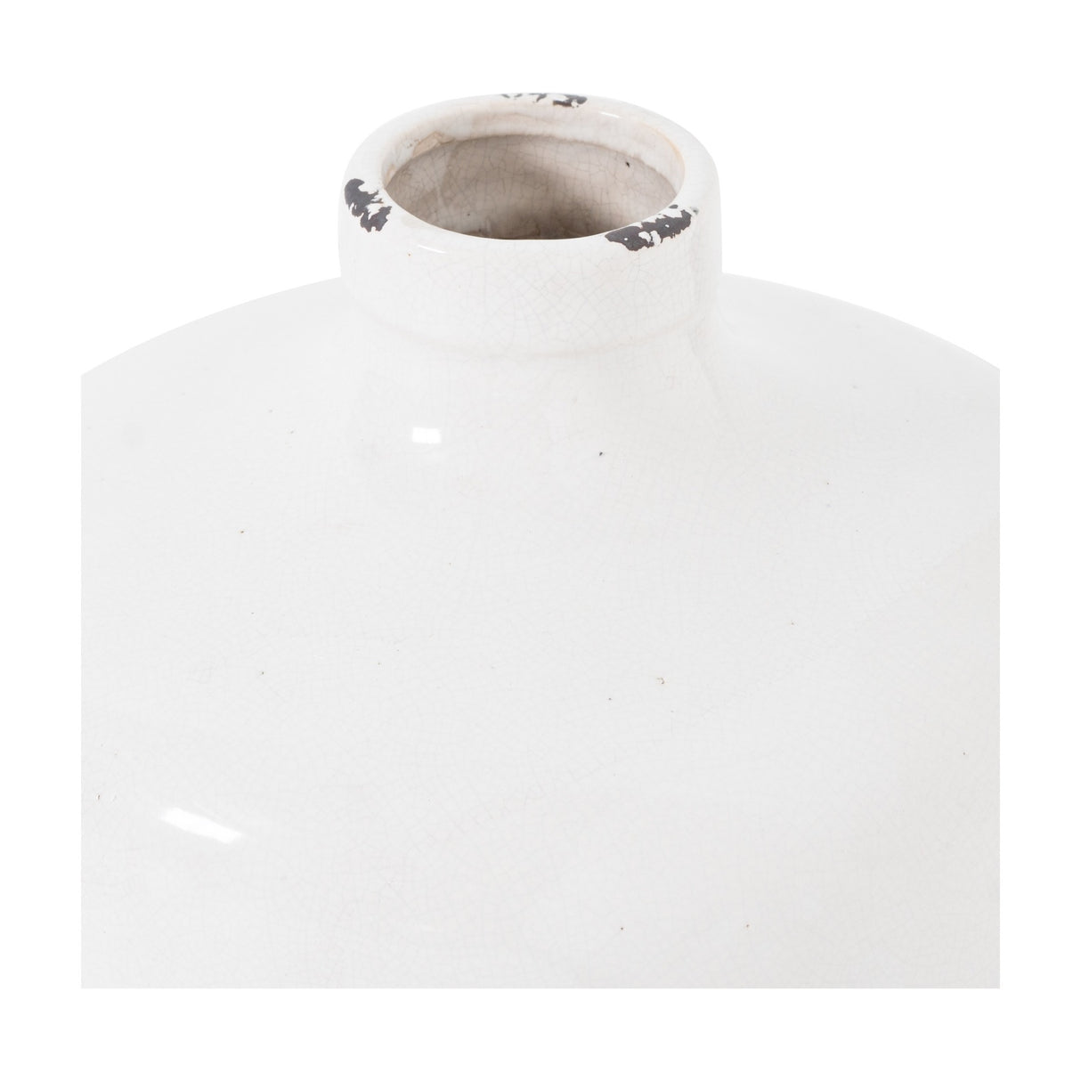 Hill Interiors Glazed Eve ceramic vase in white with a rounded body, short narrow neck, and distressed dark flecks around the rim.