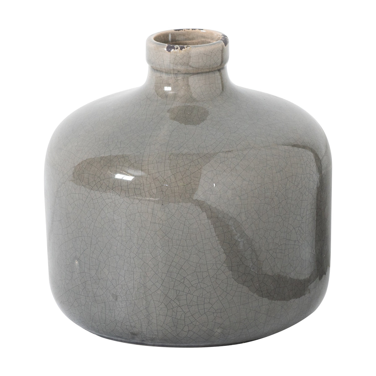 Hill Interiors Eve vase in grey glazed ceramic with a rounded body, narrow neck and subtly crackled finish, shown on a plain white background.