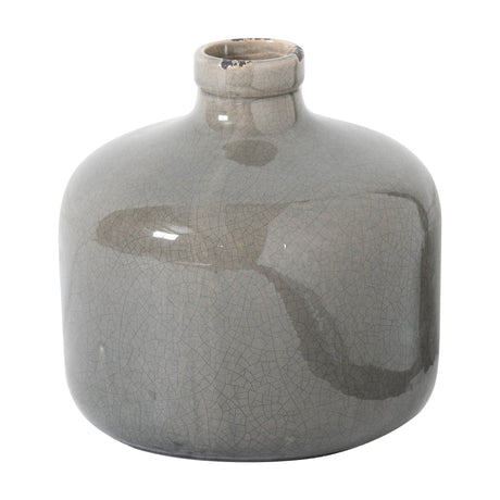 Hill Interiors Eve vase in grey glazed ceramic with a rounded body, narrow neck and subtly crackled finish, shown on a plain white background.