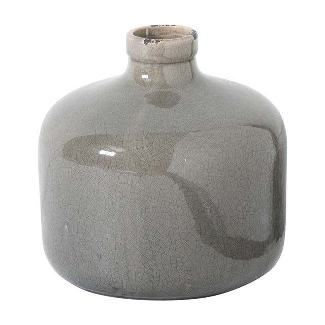Hill Interiors Eve vase in grey glazed ceramic with a rounded body, narrow neck and subtly crackled finish, shown on a plain white background.