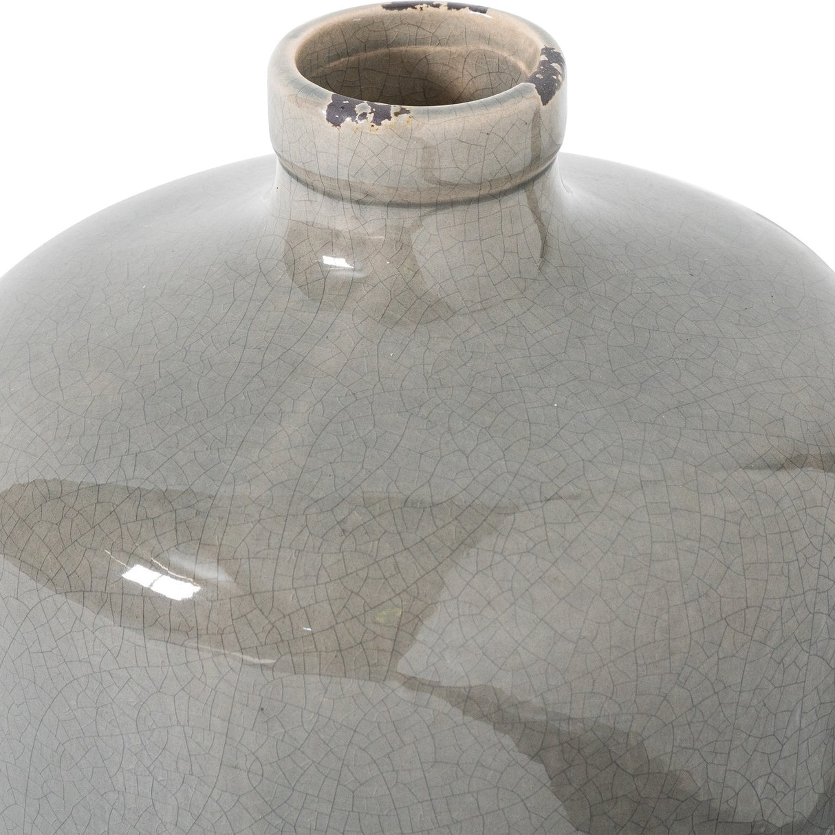 Close-up of Hill Interiors Eve grey glazed ceramic vase showing its rounded body, narrow neck, crackled sheen finish and small distressed marks near the rim.