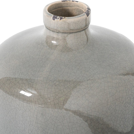 Close-up of Hill Interiors Eve grey glazed ceramic vase showing its rounded body, narrow neck, crackled sheen finish and small distressed marks near the rim.