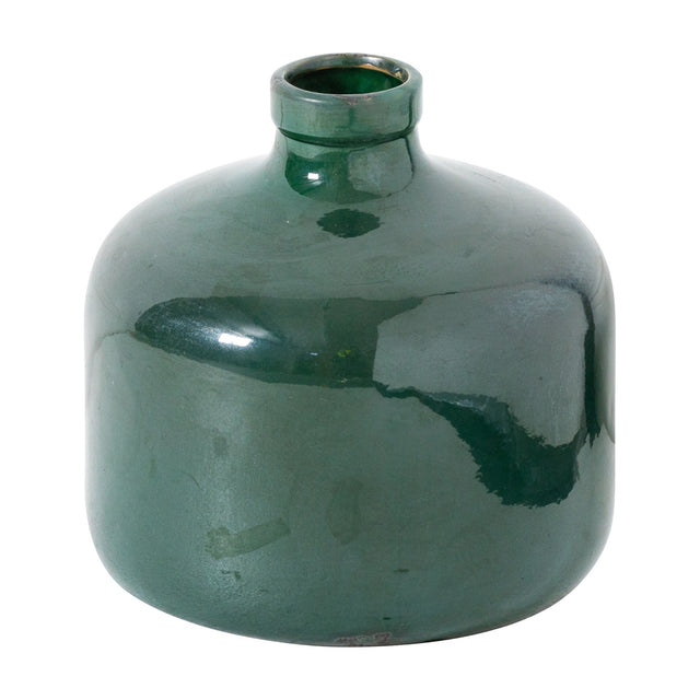 Hill Interiors Emerald Glazed Ceramic Eve Vase in green with a rounded bellied body and short narrow neck, shown on a plain white background.