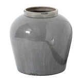 Hill Interiors Grey Glazed Ceramic Juniper Vase with a rounded bulbous body, tapered neck and softly mottled grey crackle glaze, on a white background.