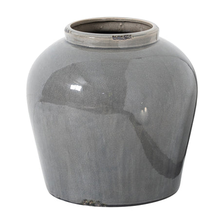 Hill Interiors Grey Glazed Ceramic Juniper Vase with a rounded bulbous body, tapered neck and softly mottled grey crackle glaze, on a white background.