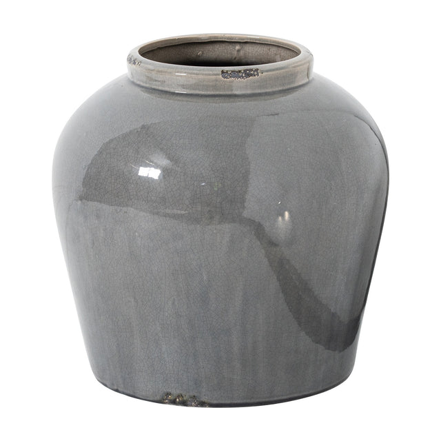 Hill Interiors Grey Glazed Ceramic Juniper Vase with a rounded bulbous body, tapered neck and softly mottled grey crackle glaze, on a white background.
