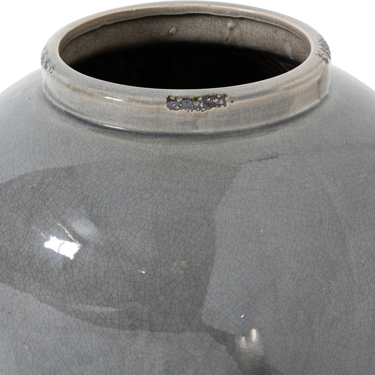 Close-up of Hill Interiors Grey Glazed Ceramic Juniper Vase showing the rounded shoulder, short neck and crackled grey glaze with mottled tonal detail.
