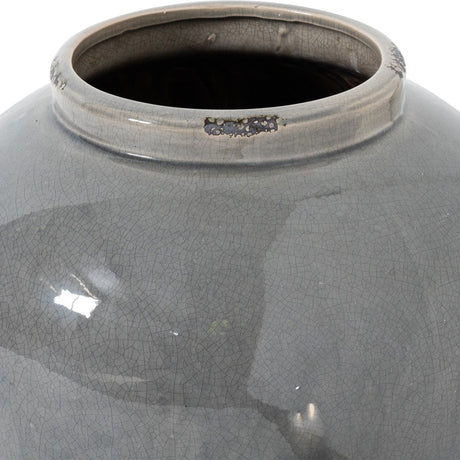 Close-up of Hill Interiors Grey Glazed Ceramic Juniper Vase showing the rounded shoulder, short neck and crackled grey glaze with mottled tonal detail.
