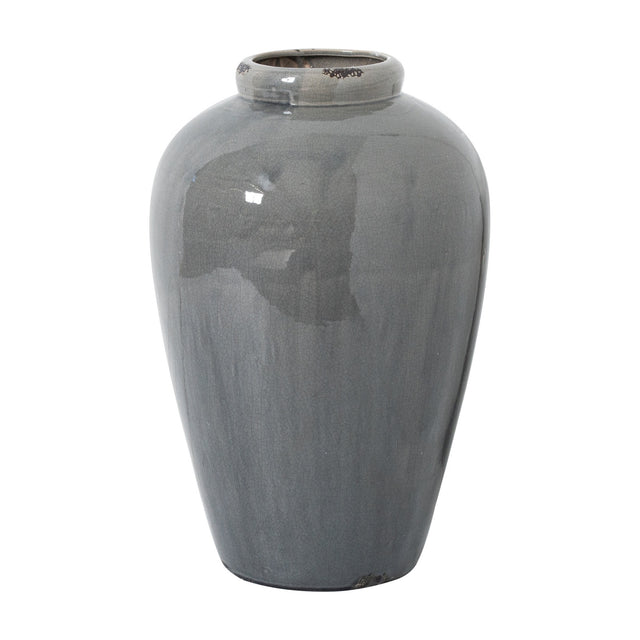 Hill Interiors Tall Grey Glazed Ceramic Juniper Vase with a rounded tapered body and narrow neck, shown in a mottled grey finish on a plain background.
