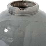 Close-up of the Hill Interiors Tall Grey Glazed Ceramic Juniper Vase, showing its rounded shoulder, narrow neck and mottled crackle-effect grey glaze.