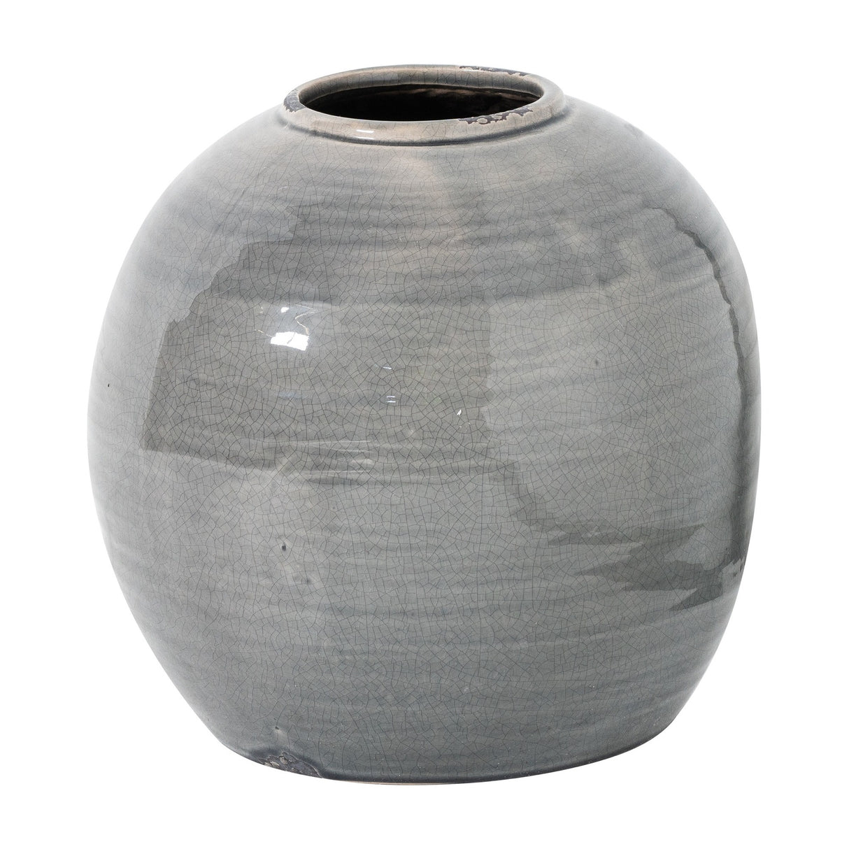 Hill Interiors Grey Glazed Ceramic Vase with a rounded belly, narrow neck and wide opening, shown in a soft crackle-glaze grey on a white background.