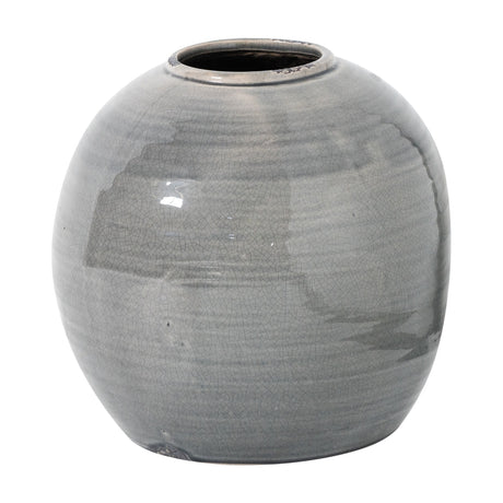 Hill Interiors Grey Glazed Ceramic Vase with a rounded belly, narrow neck and wide opening, shown in a soft crackle-glaze grey on a white background.