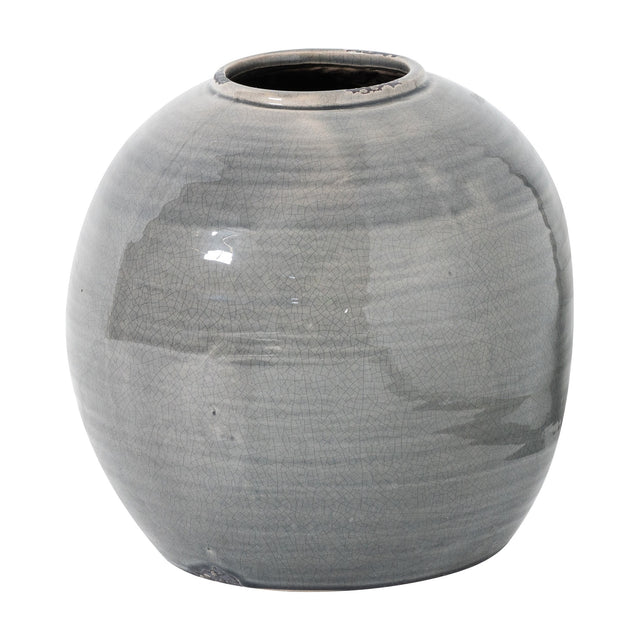 Hill Interiors Grey Glazed Ceramic Vase with a rounded belly, narrow neck and wide opening, shown in a soft crackle-glaze grey on a white background.