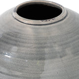 Close-up of the Hill Interiors Grey Glazed Ceramic Vase showing its rounded body, wide opening and softly crackled grey glaze with darker rim detailing.