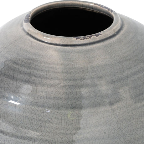 Close-up of the Hill Interiors Grey Glazed Ceramic Vase showing its rounded body, wide opening and softly crackled grey glaze with darker rim detailing.