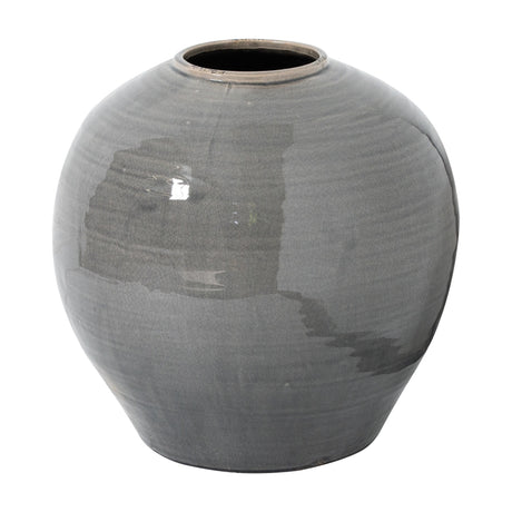Hill Interiors Grey Glazed Ceramic Vase with a rounded full-bodied silhouette tapering to a narrow neck, shown against a plain white background.
