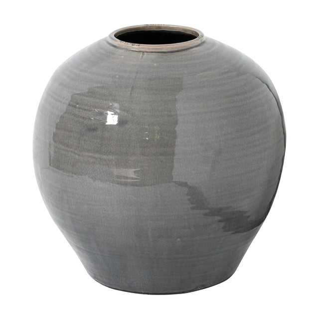 Hill Interiors Grey Glazed Ceramic Vase with a rounded full-bodied silhouette tapering to a narrow neck, shown against a plain white background.