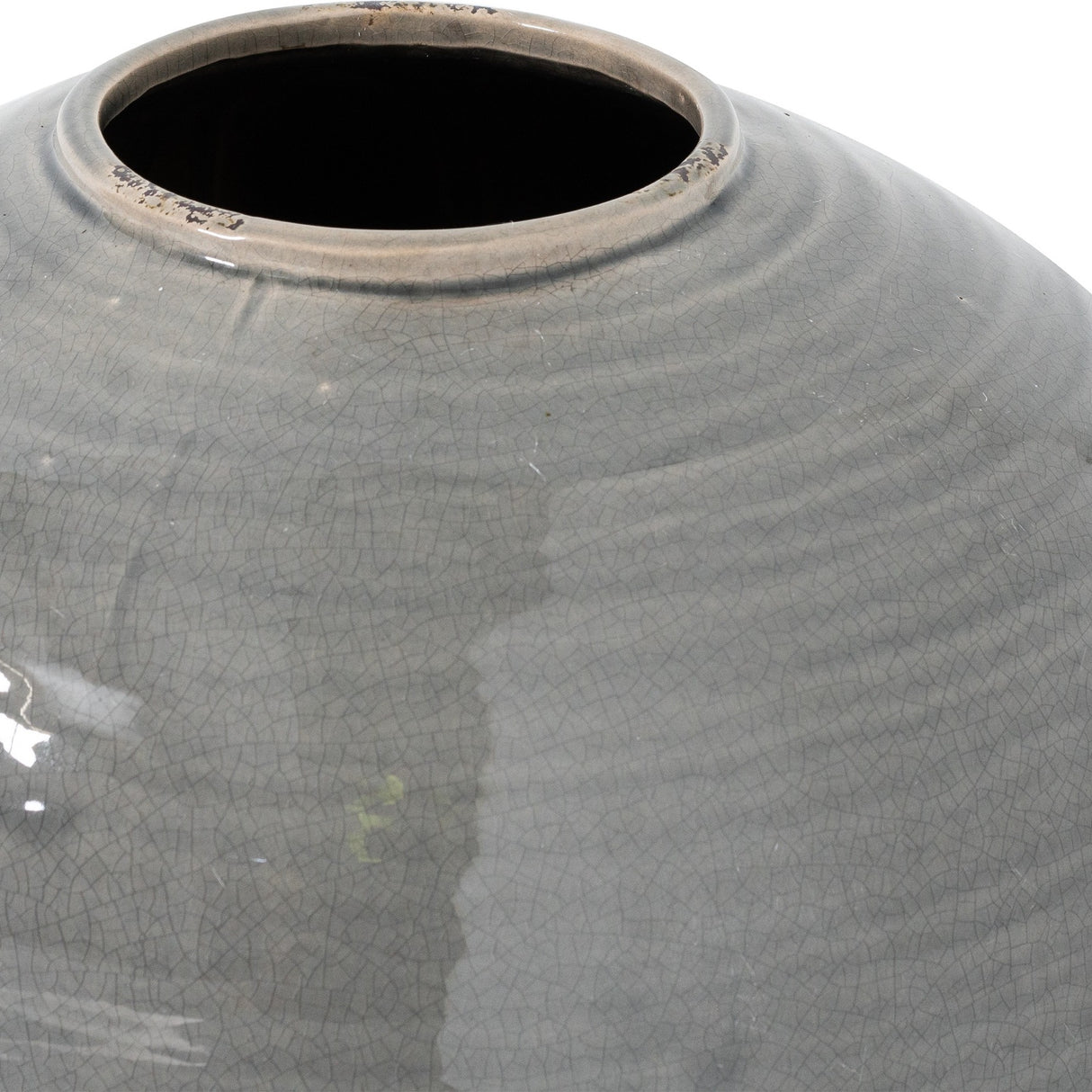 Close-up of Hill Interiors Grey Glazed Ceramic Vase showing its rounded body, crackled grey glaze and narrow circular opening with a distressed rim.