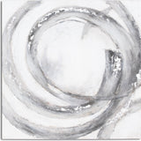 Hand Painted Galaxy 150x150cm square canvas wall art by Hill Interiors, with swirling silver, grey and charcoal brushwork on a white ground.