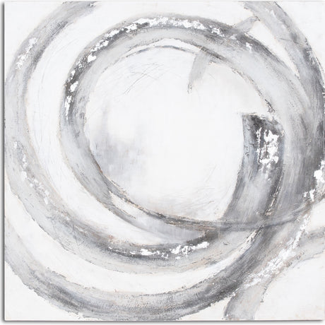 Hand Painted Galaxy 150x150cm square canvas wall art by Hill Interiors, with swirling silver, grey and charcoal brushwork on a white ground.