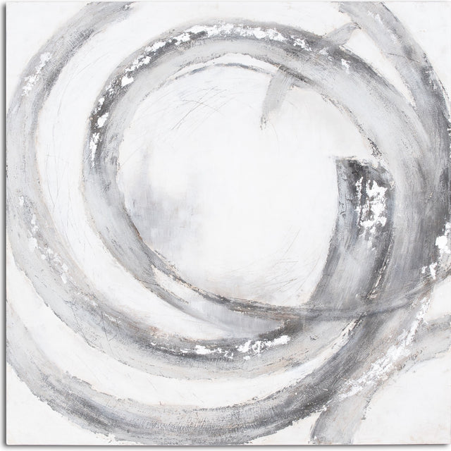 Hand Painted Galaxy 150x150cm square canvas wall art by Hill Interiors, with swirling silver, grey and charcoal brushwork on a white ground.