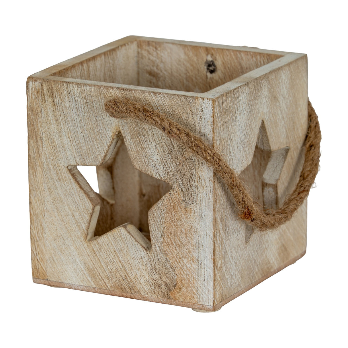 Hill Interiors washed wood tealight holder in white with cube form, star cut-outs on the sides and a jute rope handle, on a plain background.