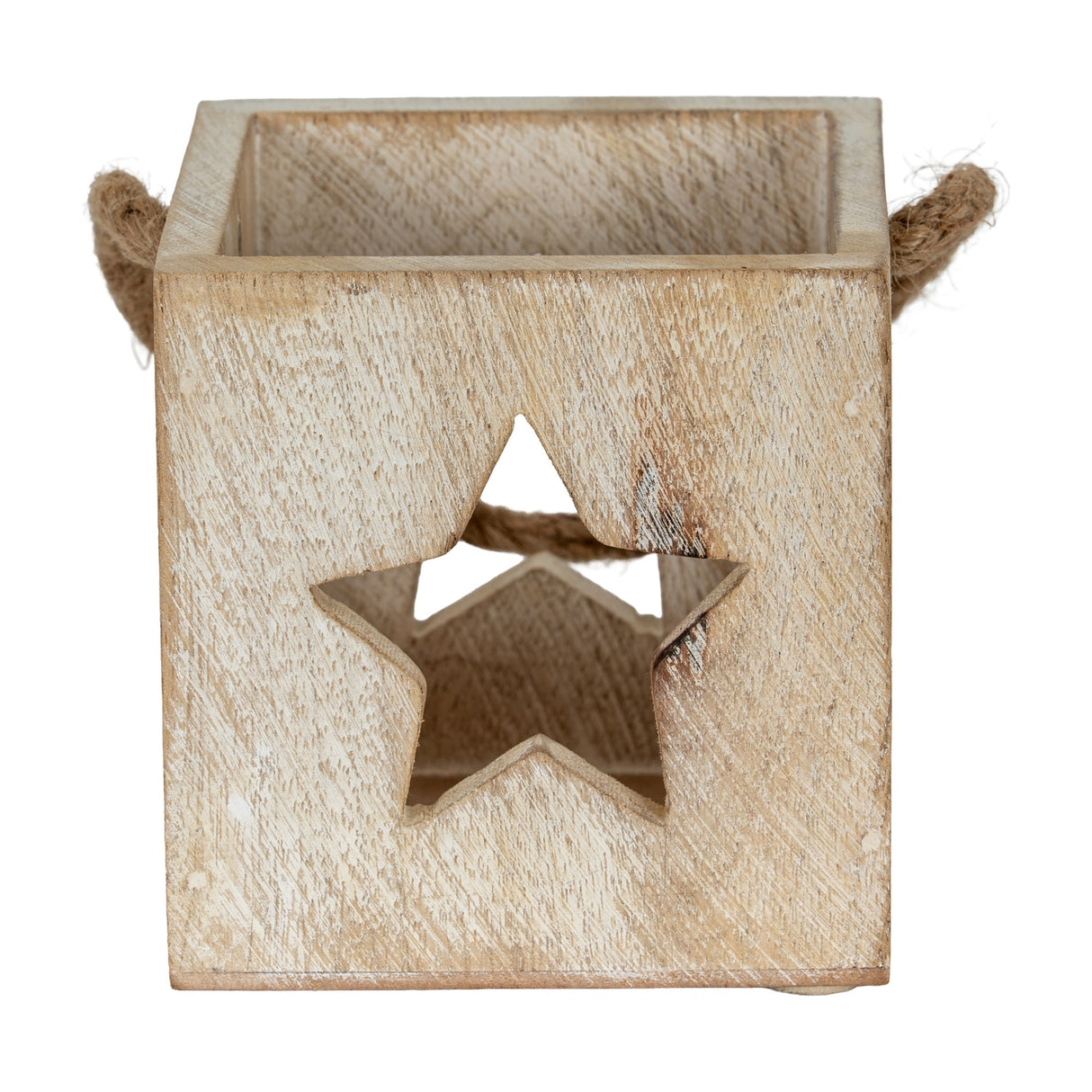 Hill Interiors washed wood star tealight candle holder in white, cube form with cut-out star and jute rope handles, shown on a plain background.