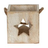 Hill Interiors washed wood star tealight candle holder in white, cube form with cut-out star and jute rope handles, shown on a plain background.