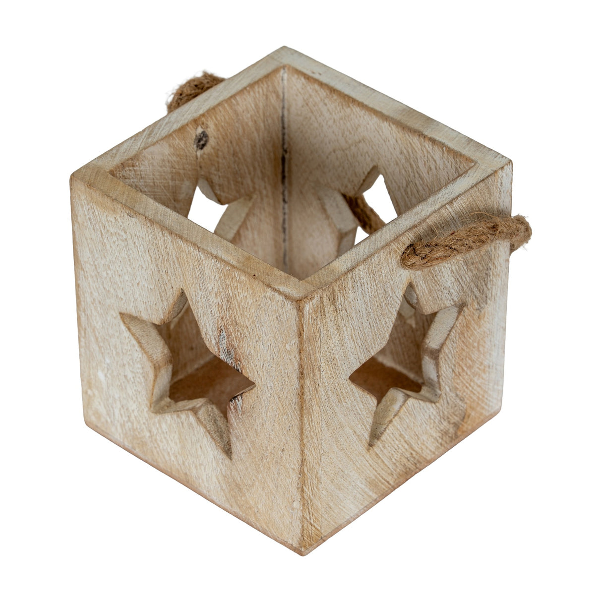 Hill Interiors washed wood tealight holder in white with cube form, star cut-outs on each side and jute rope handle, shown on a plain background.