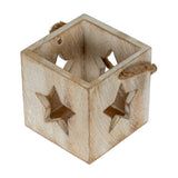 Hill Interiors washed wood tealight holder in white with cube form, star cut-outs on each side and jute rope handle, shown on a plain background.