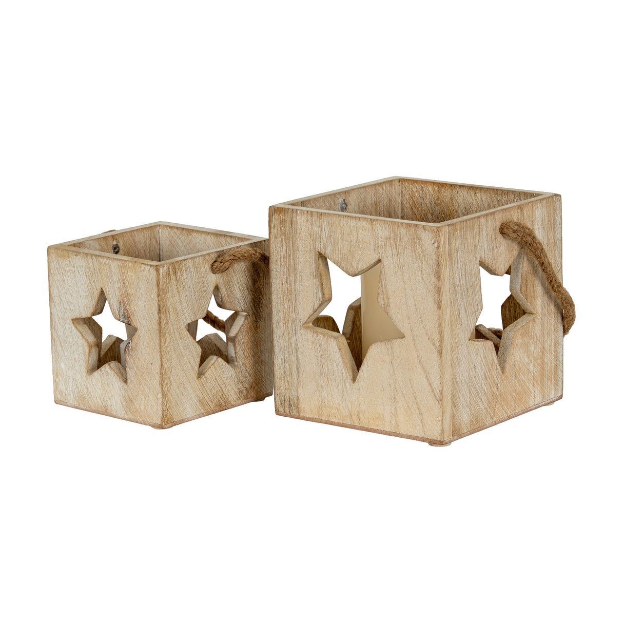 Two Hill Interiors washed wood star tealight candle holders in white, square cube form with cut-out star motifs and rope handles, on a plain background.
