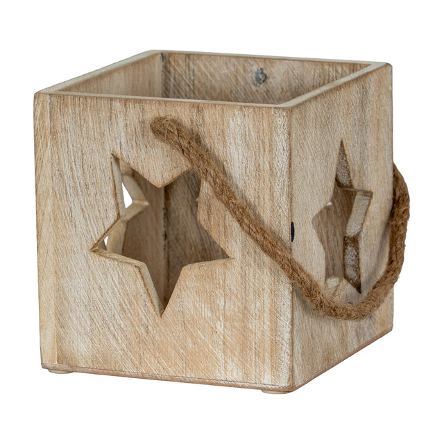 Hill Interiors Washed Wood Large Star Tealight Candle Holder in white, a square wooden cube with star cut-outs and a jute rope handle.