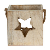 Hill Interiors washed white wooden square tealight candle holder with cut-out star front and jute rope handles, shown on a plain white background.