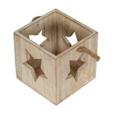 Hill Interiors washed white wooden tealight candle holder with cut-out star shapes on each side and a jute rope handle, shown from above.
