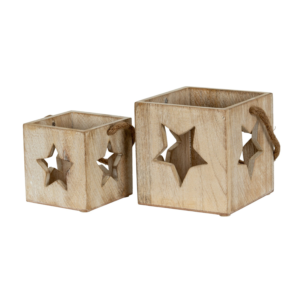 Hill Interiors Washed Wood Large Star Tealight Candle Holders in white, shown as two square wooden cubes with star cut-outs and rope handles.