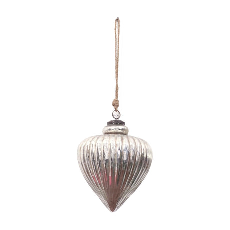 Hill Interiors Large Antique Silver Glass Bauble with ribbed teardrop shape and jute hanging cord, shown against a plain white background.
