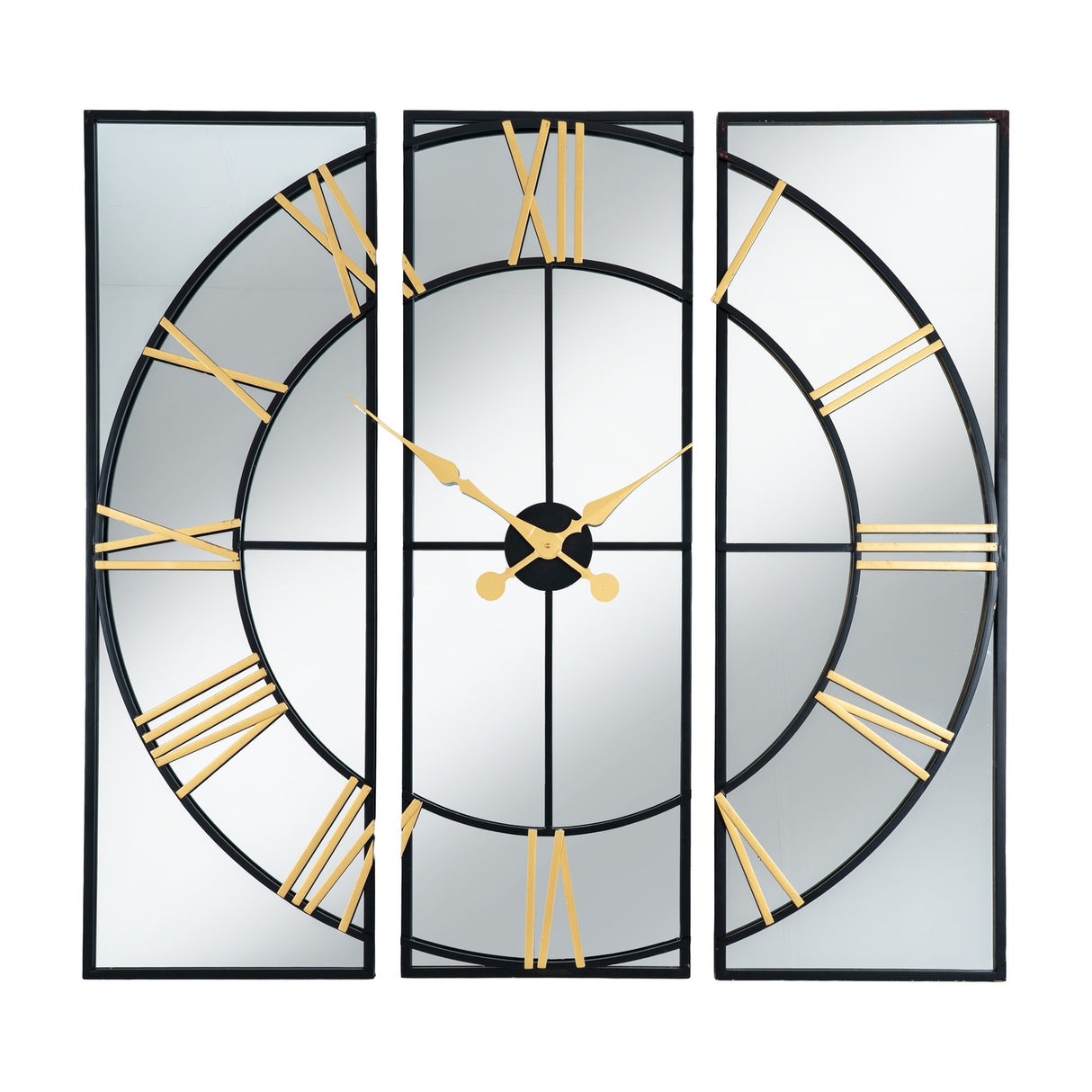 Hill Interiors Black and Gold Round Wall Clock 113cm split across three mirrored panels with gold Roman numerals and hands in a black metal frame.