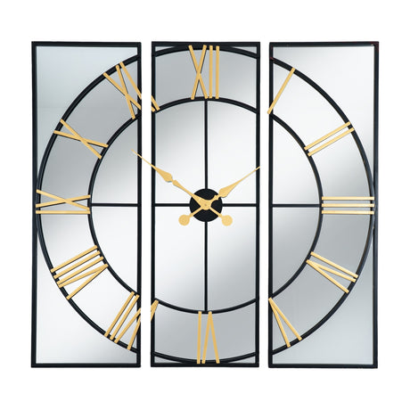 Hill Interiors Black and Gold Round Wall Clock 113cm split across three mirrored panels with gold Roman numerals and hands in a black metal frame.