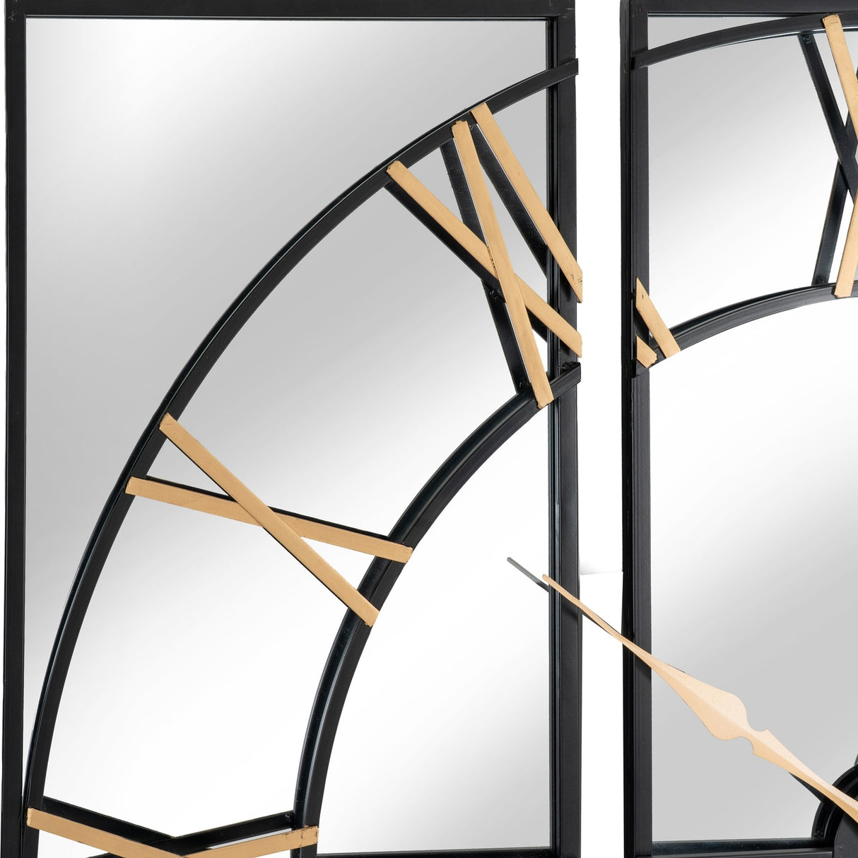Close-up of Hill Interiors Black and Gold Round Wall Clock 113cm showing the black metal frame with gold Roman numerals and slim gold hand.