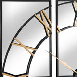 Close-up of Hill Interiors Black and Gold Round Wall Clock 113cm showing the black metal frame with gold Roman numerals and slim gold hand.