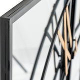 Close-up of the Hill Interiors Black and Gold Round Wall Clock 113cm showing the slim black metal frame, glass face and gold Roman numerals.