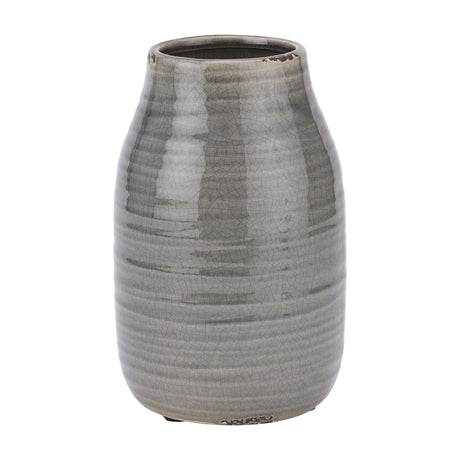 Hill Interiors Stefanie ceramic vase in grey with a rounded tapered body and crackle-glaze matte finish, shown against a plain white background.