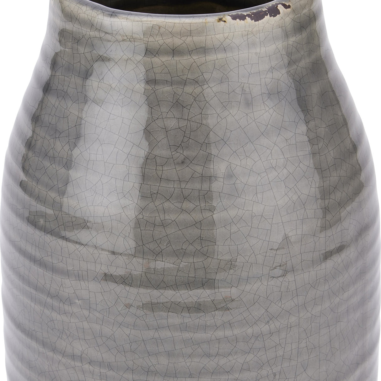 Hill Interiors Stefanie ceramic vase in grey with a curved tapered body and crackle-glazed matte finish, shown close up against a plain white background.